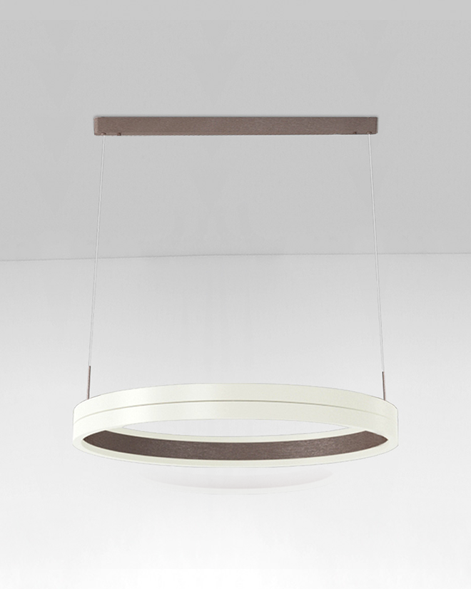 Lámpara colgante LED moderna circular de diseño minimalista en color blanco y marrón.