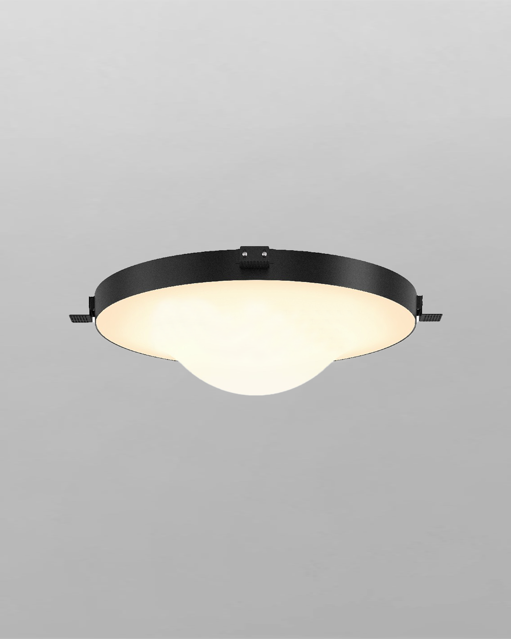 Lámpara de techo moderna con difusor blanco y base circular negra, estilo minimalista