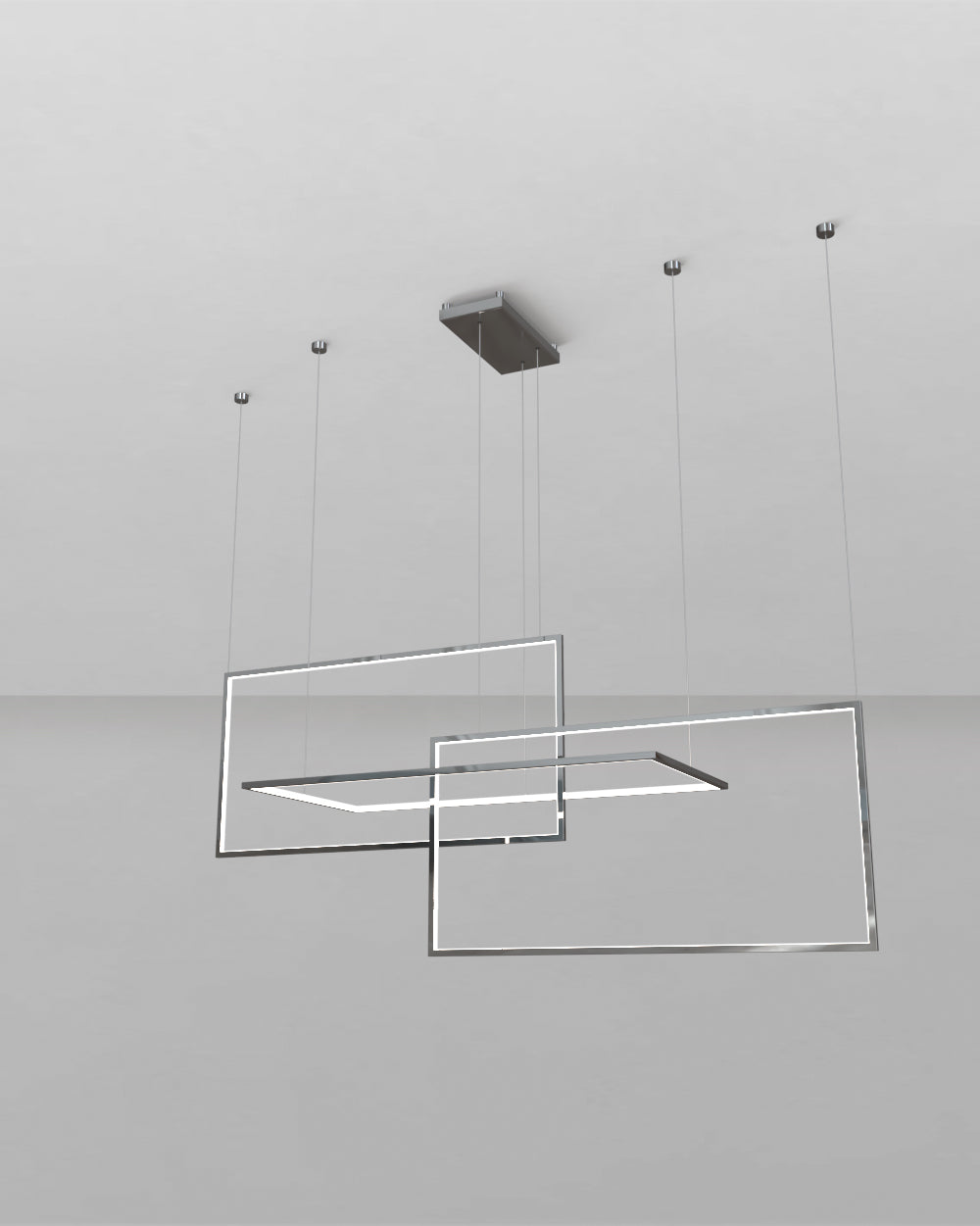Lámpara colgante moderna de techo con marcos rectangulares metálicos, iluminación LED.