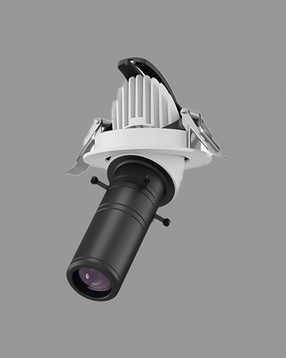Spot de luz LED empotrable de techo con acabado negro y blanco, sobre fondo gris