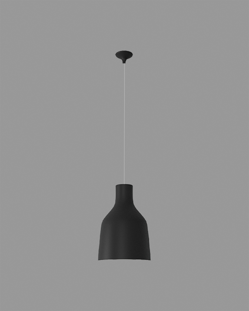 Lámpara colgante negra de diseño moderno sobre fondo gris, iluminación decorativa.