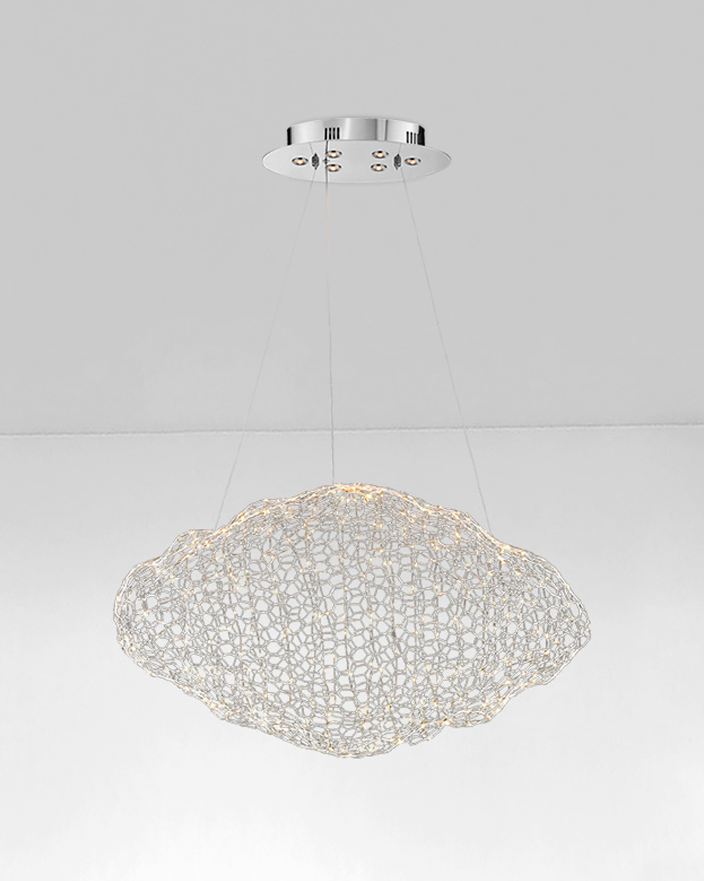 Lámpara colgante de techo diseño moderno blanca, malla metálica decorativa, iluminación interior
