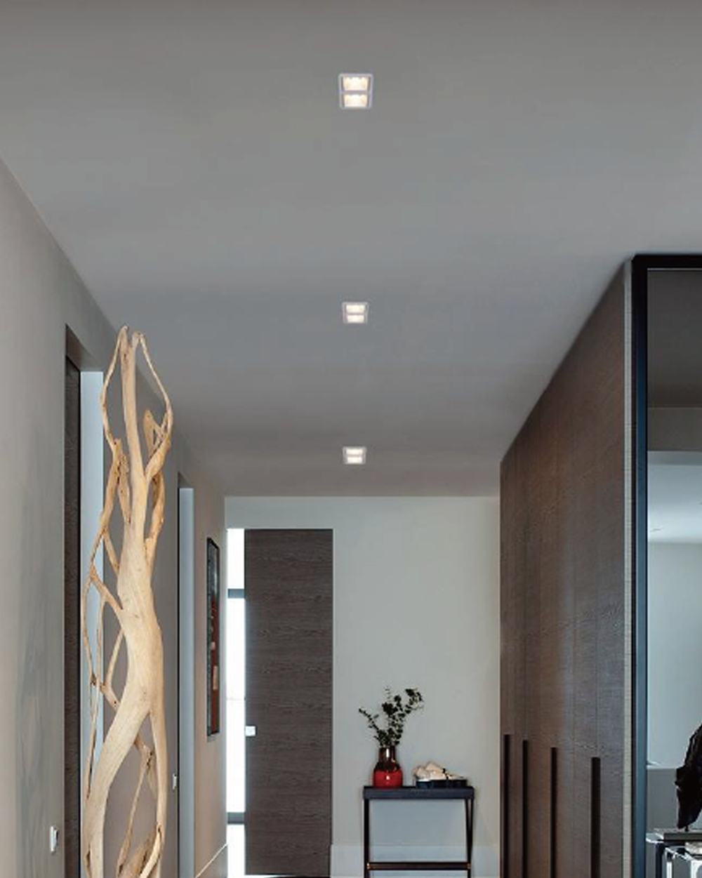 Luminarias empotradas de techo en pasillo moderno con decoración minimalista.
