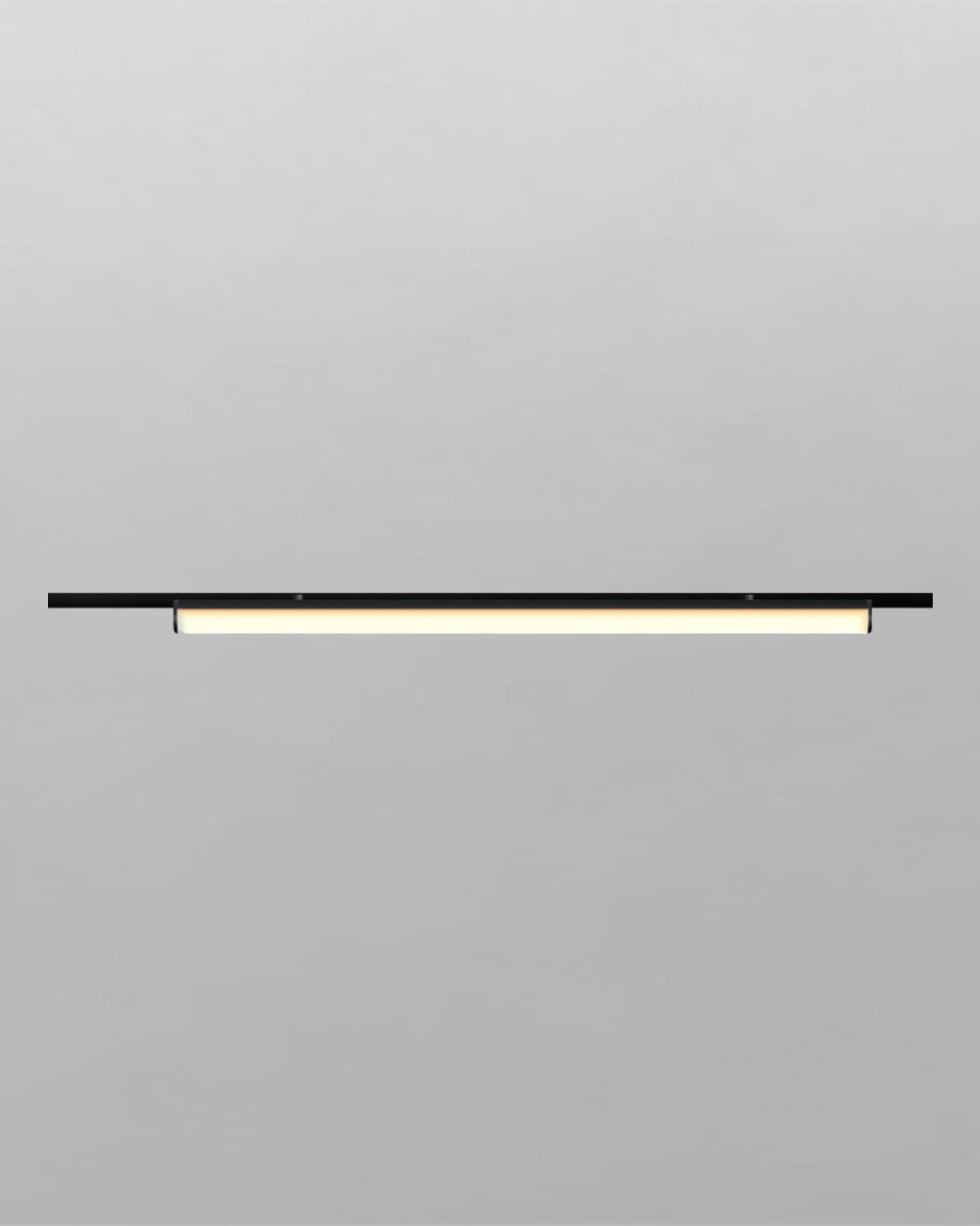 Lámpara lineal moderna negra encendida sobre fondo gris, boutique de iluminación Birot MX