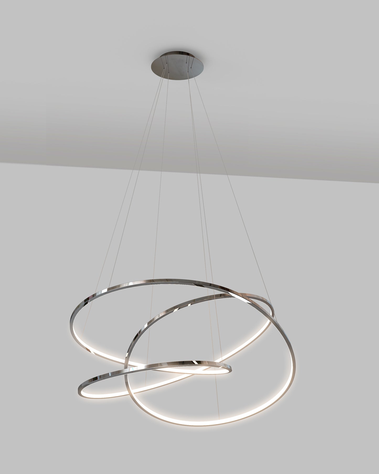 Lámpara colgante LED moderna de aro metálico sobre fondo gris, iluminación decorativa.