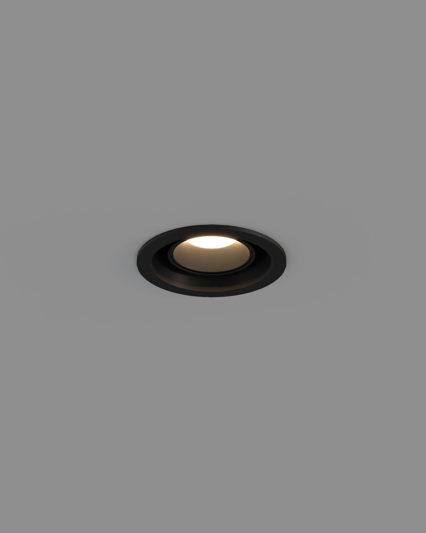 Lámpara empotrable de techo negra encendida, luz cálida, diseño moderno para interiores