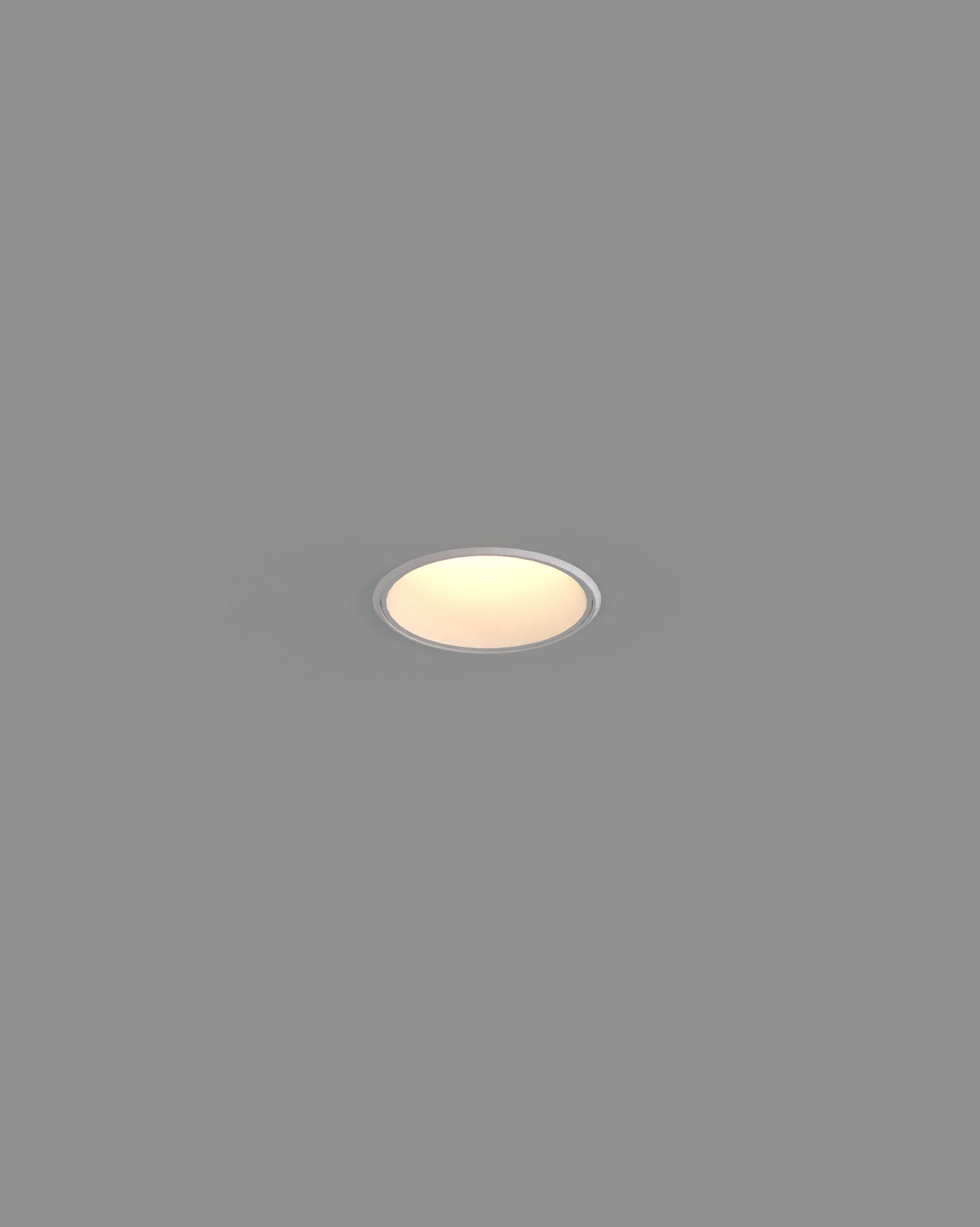 Lámpara empotrable de techo blanca, luz cálida, diseño moderno minimalista de iluminación.