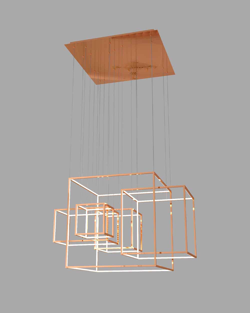 Lámpara colgante moderna de cubos dorados, diseño geométrico para iluminación decorativa.