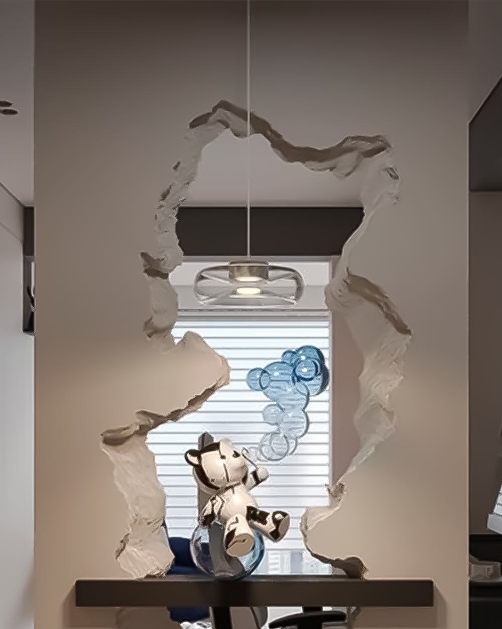 Lámpara colgante moderna sobre oso decorativo y burbujas azules en ambiente interior elegante
