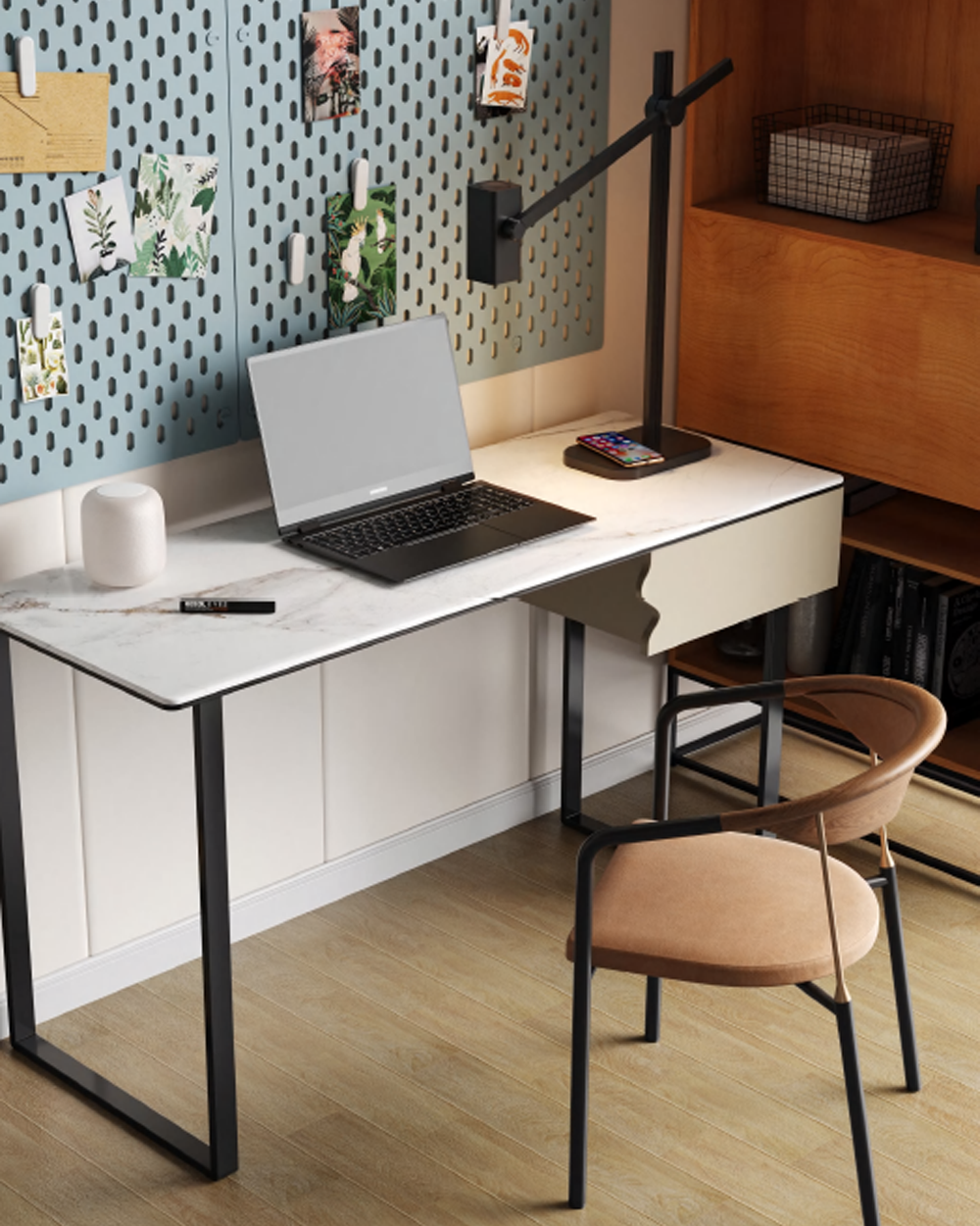 Escritorio moderno con lámpara de pared negra, laptop y decoración minimalista en oficina