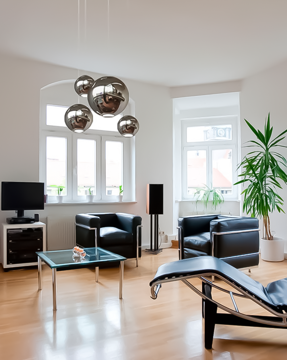 Lámpara colgante esférica metálica en sala moderna con sillones negros y ventanales.