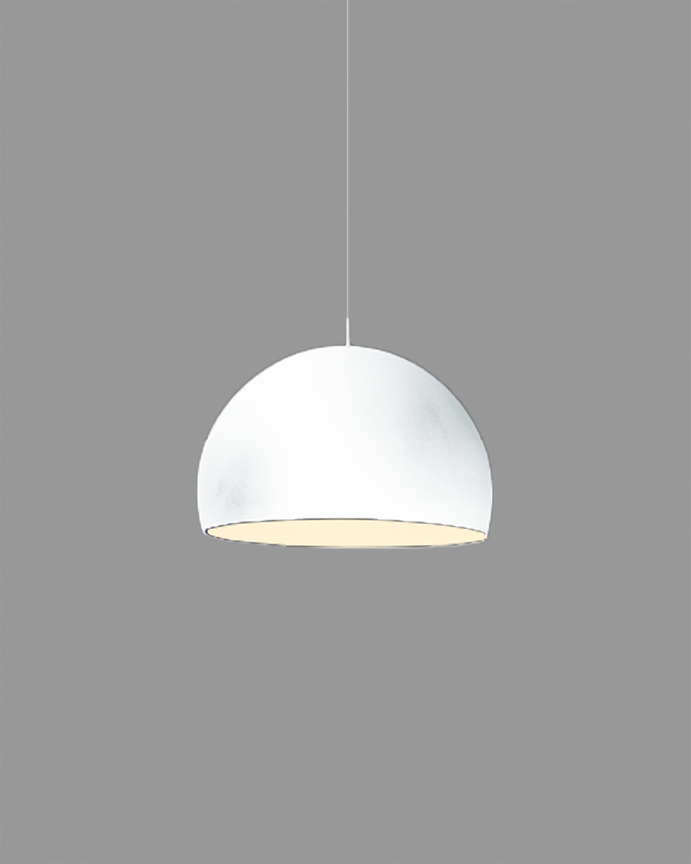 Lámpara colgante blanca de diseño moderno con pantalla semiesférica, fondo gris.