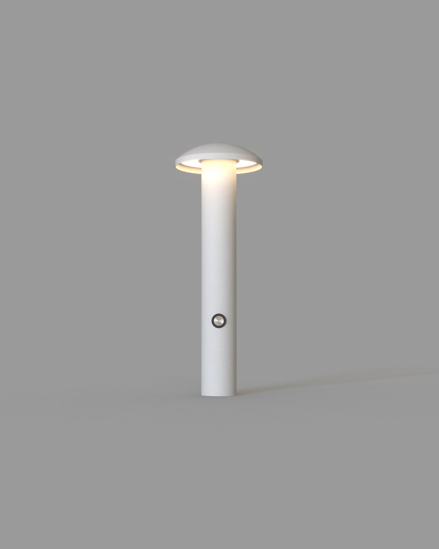 Lámpara de mesa minimalista blanca con luz cálida, diseño moderno sobre fondo gris.
