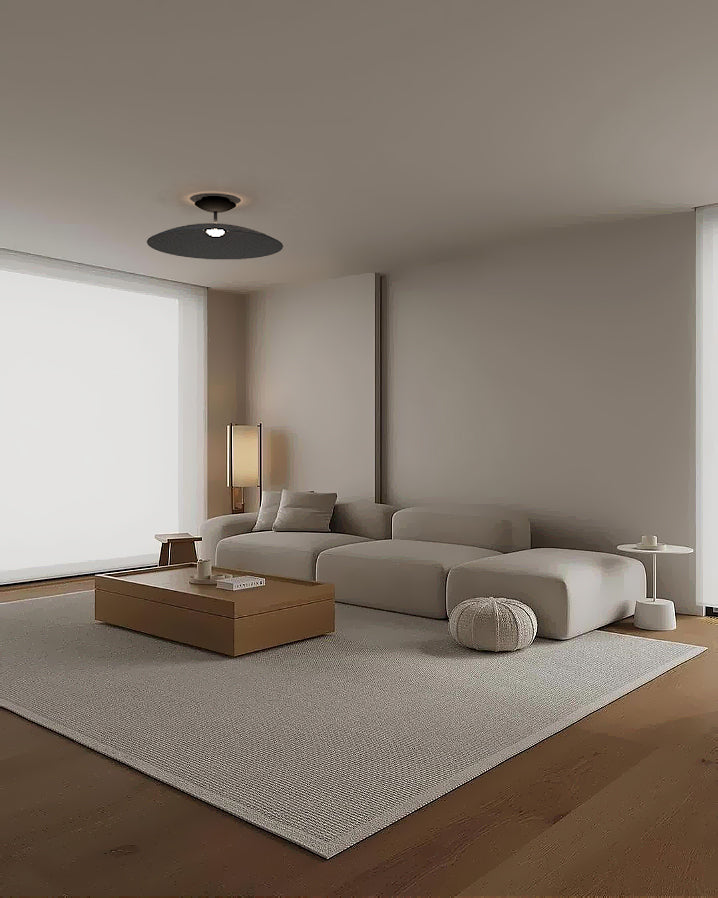 Sala moderna con plafón de techo negro, sofá beige, mesa de centro y lámpara, Birot MX iluminación.