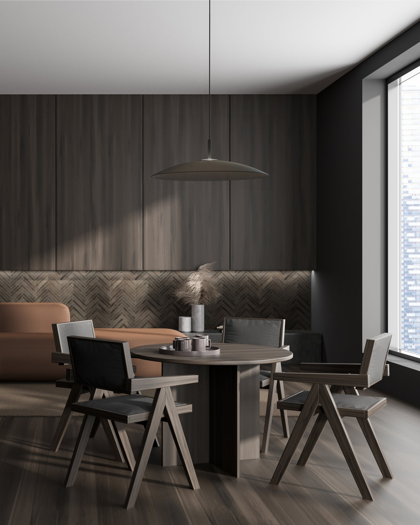 Lámpara suspendida moderna sobre mesa y sillas de diseño en comedor minimalista, Birot MX iluminación.