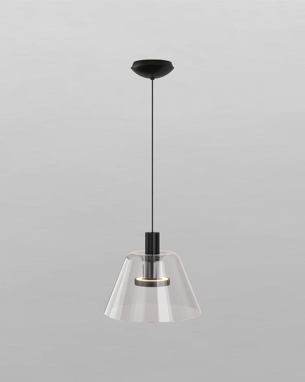 Lámpara colgante de techo con pantalla de vidrio transparente y detalles en negro, estilo moderno.