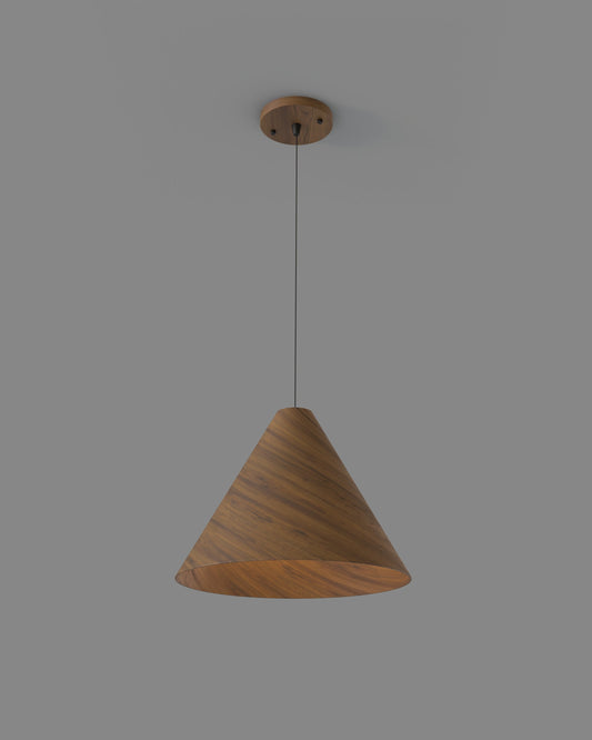 Lámpara colgante minimalista cónica Woody XL en madera de nogal.