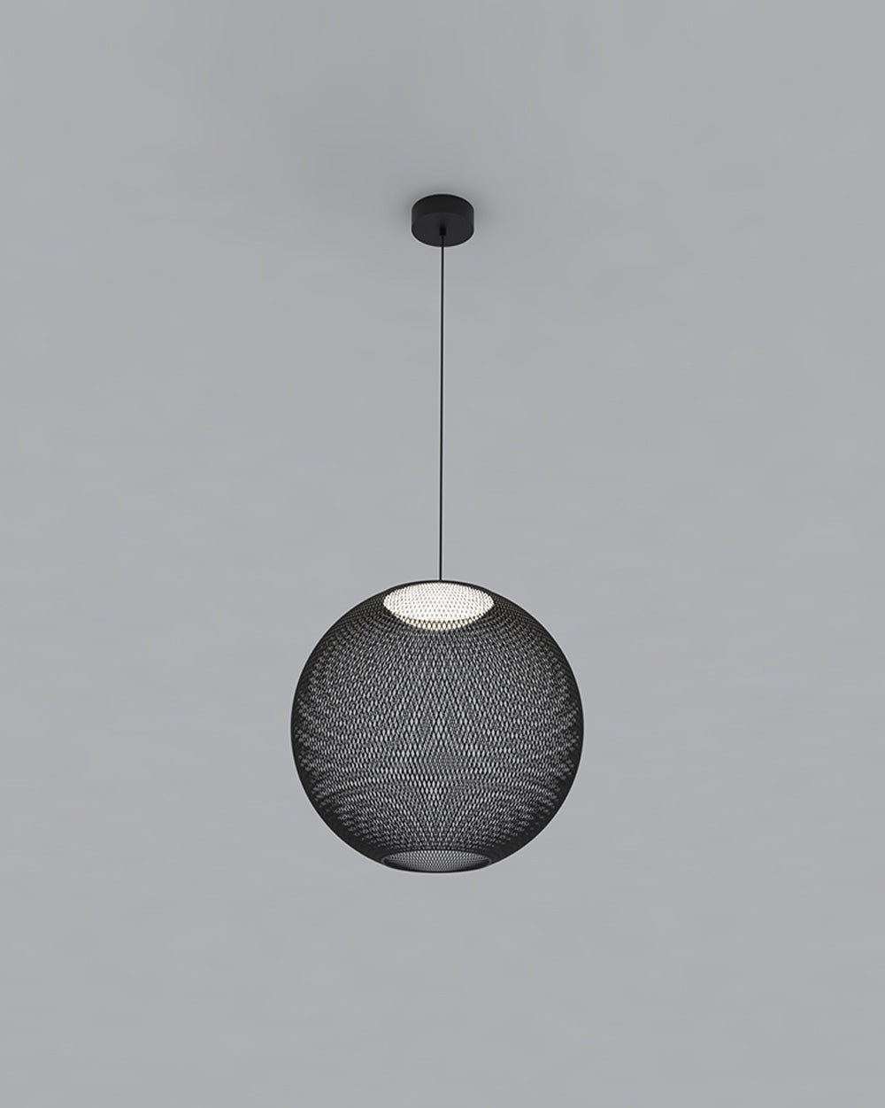 Lámpara colgante esférica moderna de rejilla negra para decoración e iluminación interior.