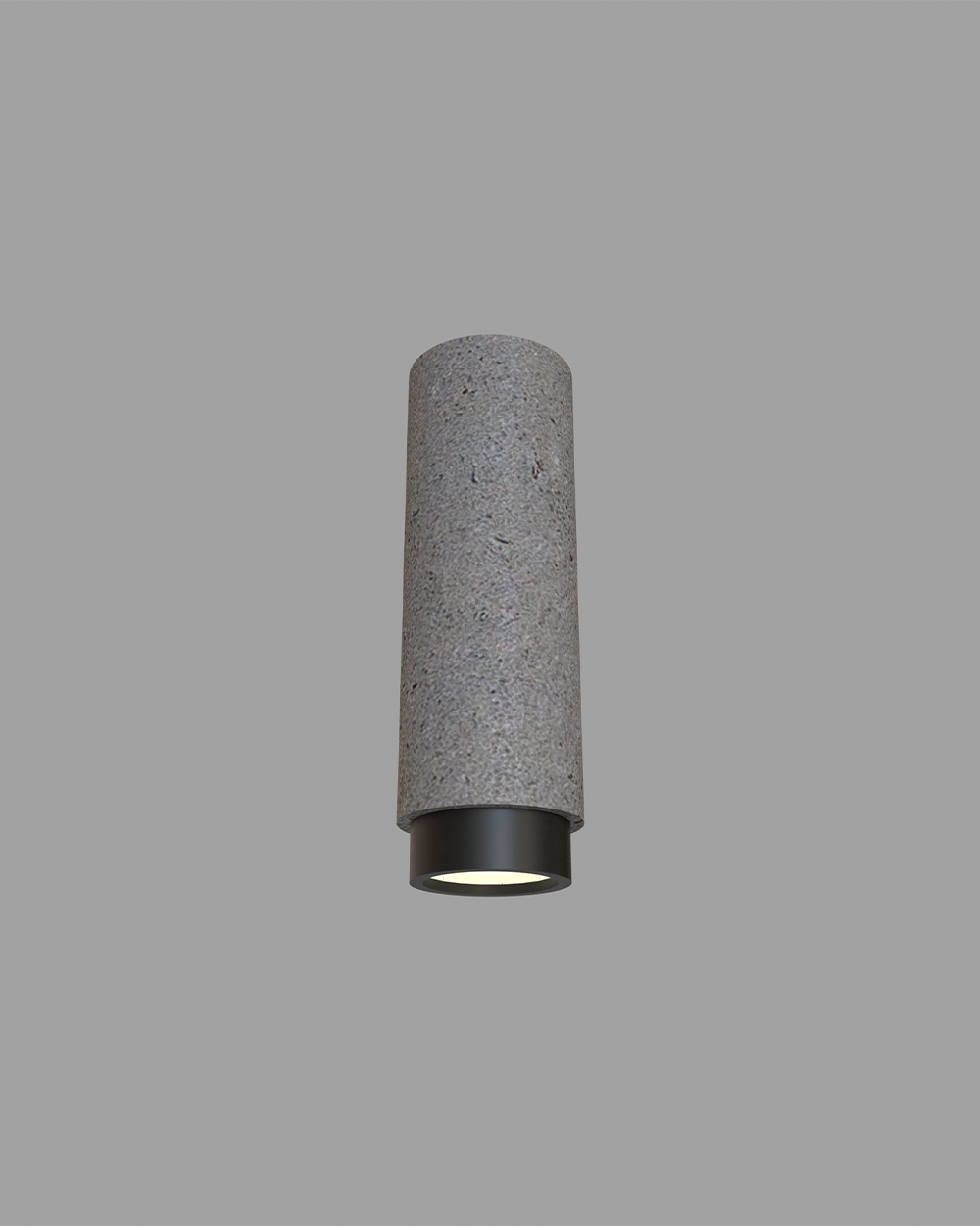 Lámpara de techo cilíndrica gris de cemento con base negra, iluminación moderna.
