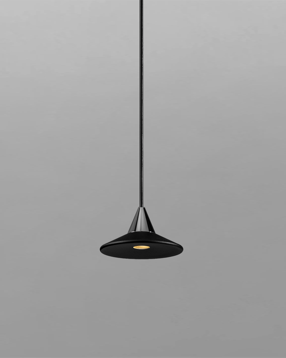 Lámpara colgante negra moderna con luz LED encendida sobre fondo gris
