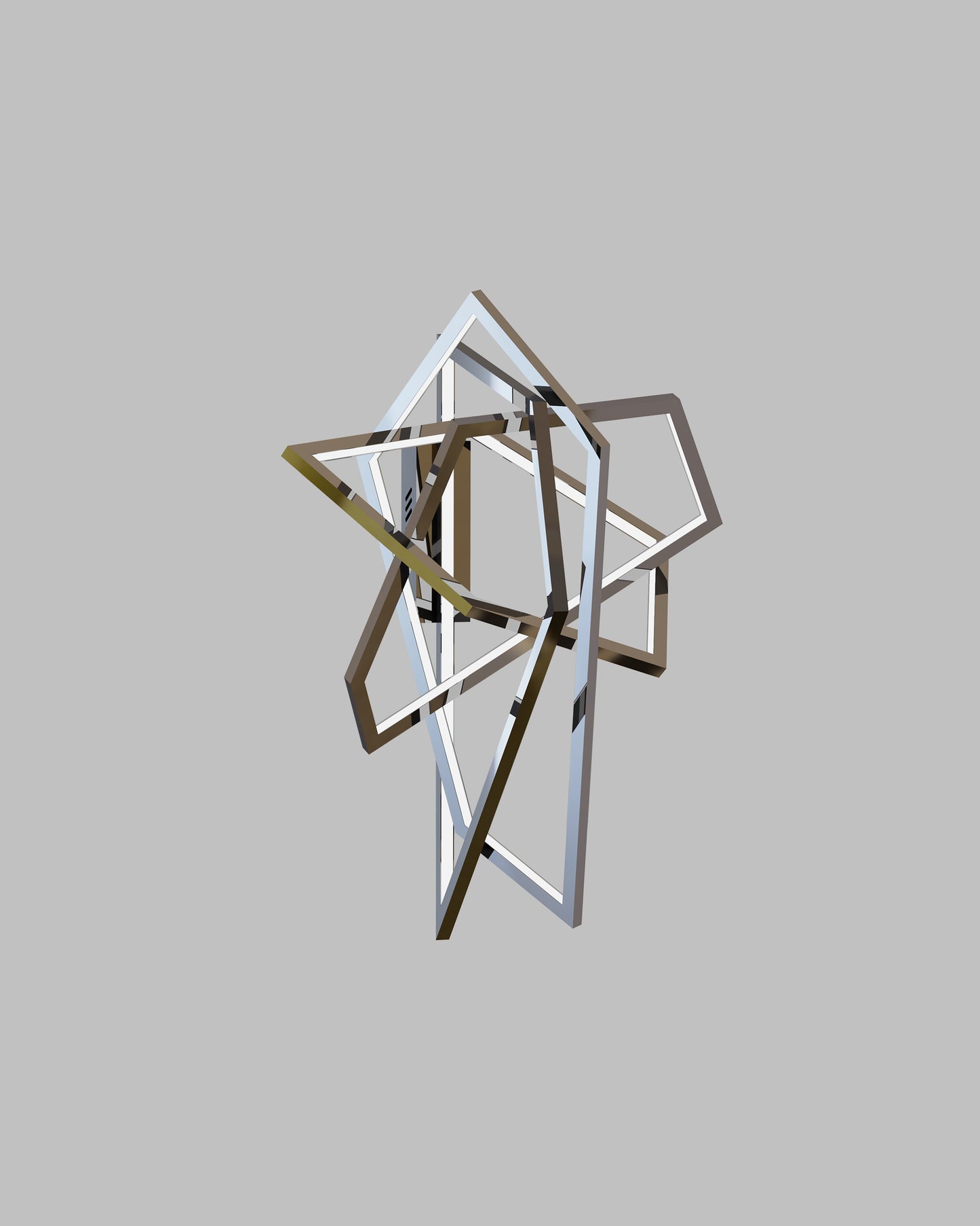 Lámpara de pared moderna con diseño geométrico en tonos metálicos sobre fondo gris.