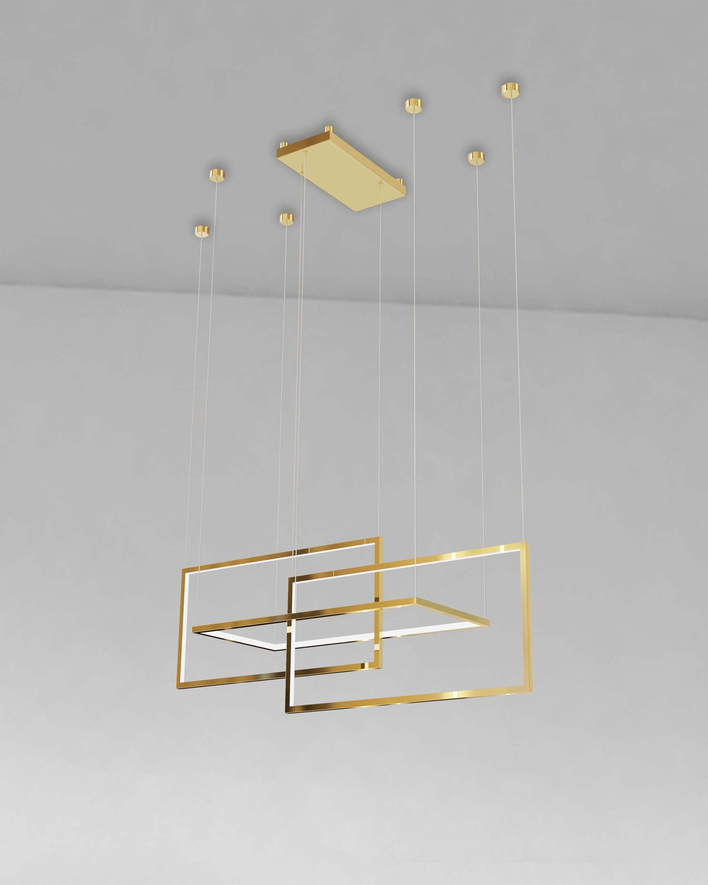 Lámpara colgante minimalista Eire Chica de rectángulos entrelazados en acero inoxidable dorado.