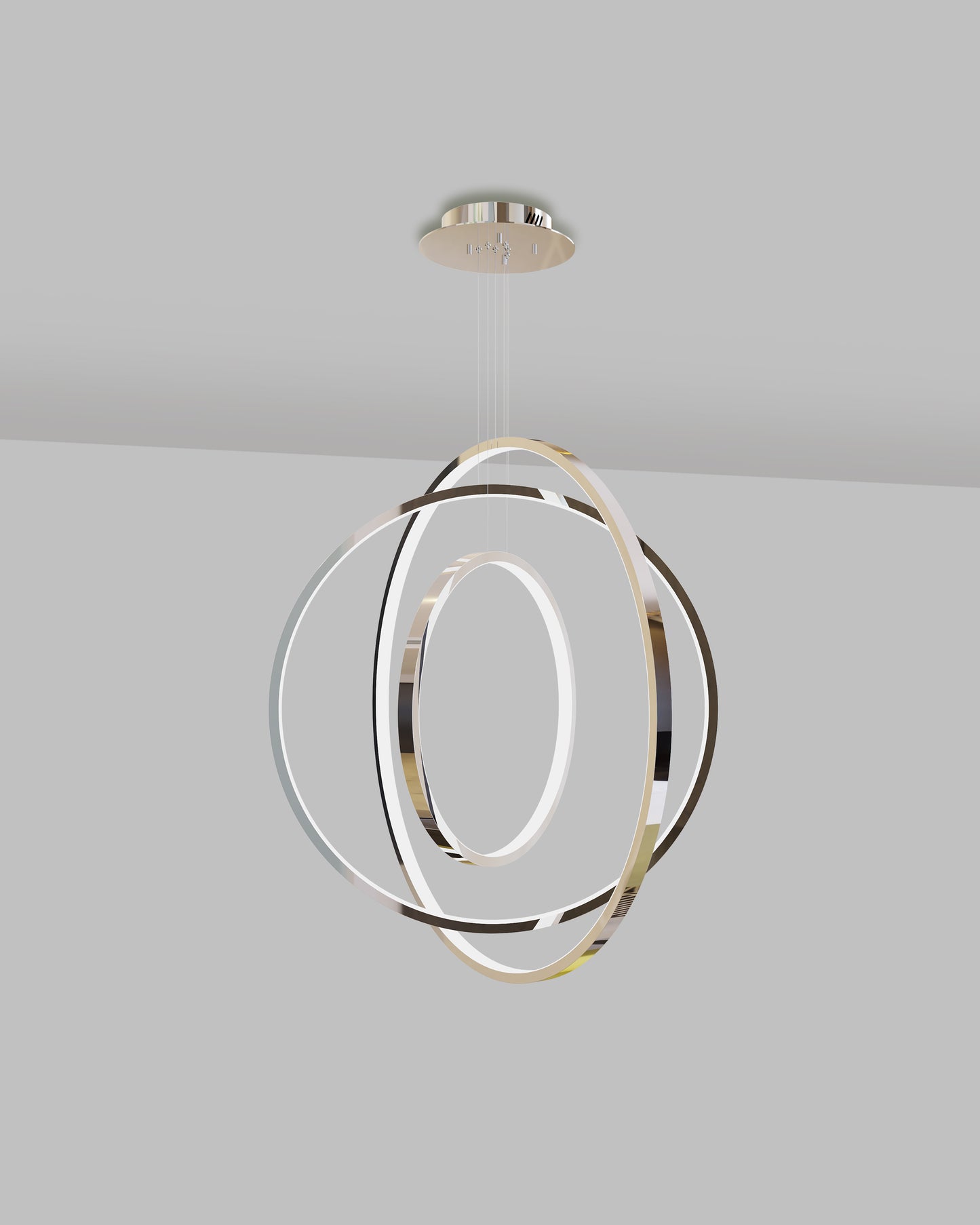 Lámpara colgante LED cromada de diseño moderno con aros circulares superpuestos