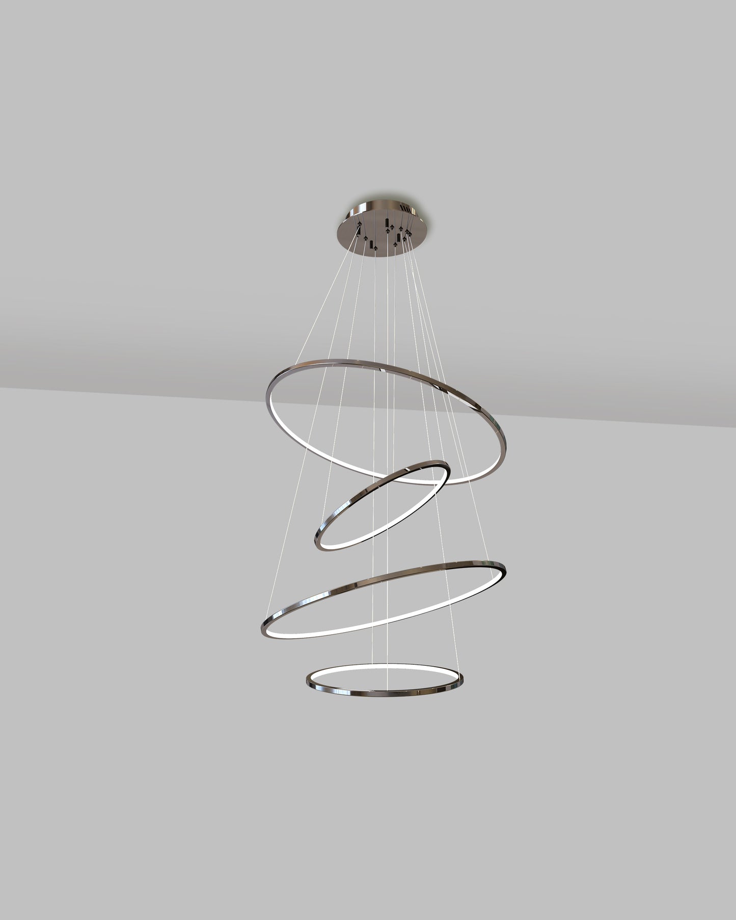 Lámpara de techo moderna con cuatro aros colgantes de luz LED, diseño minimalista.