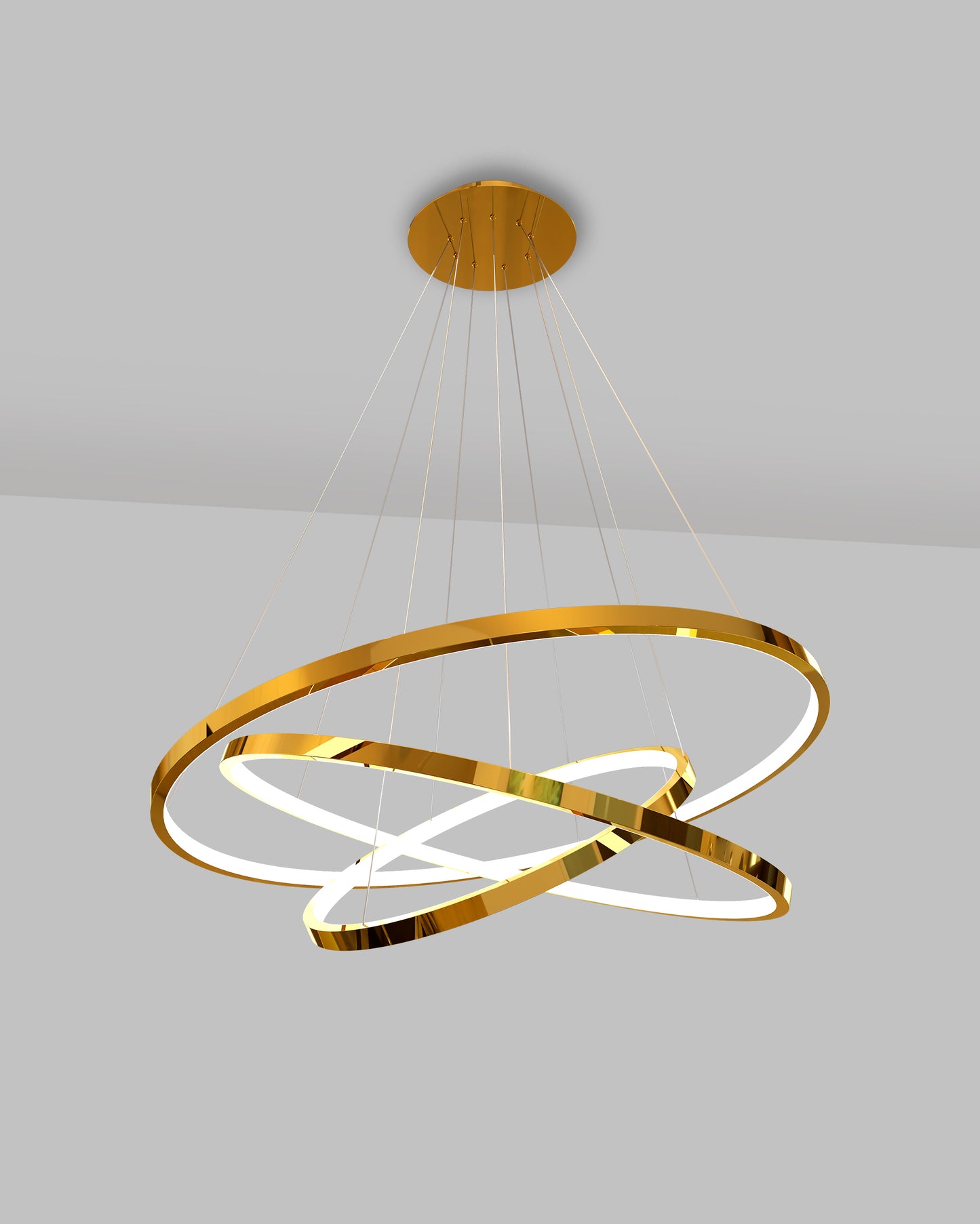 Lámpara colgante dorada moderna con aros LED suspendidos para sala o comedor