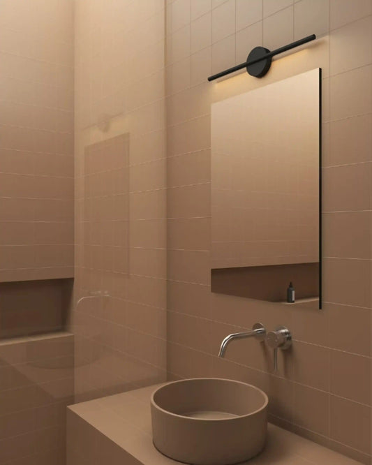 Espejo iluminado con lámpara de diseño moderno en baño minimalista, iluminación Birot MX