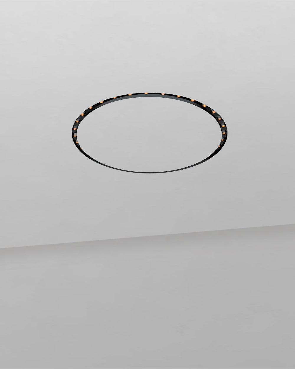 Lámpara de techo circular negra moderna con luces LED integradas sobre fondo gris