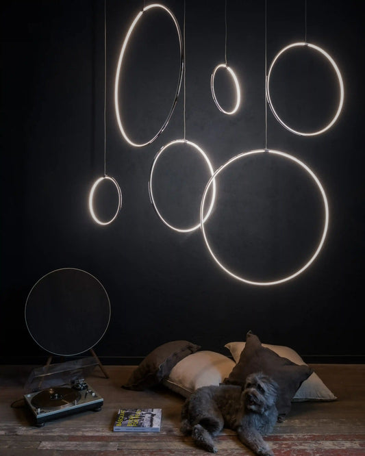 Aros de luz LED colgantes de diseño moderno en pared oscura, decoración de Birot MX boutique de iluminación.