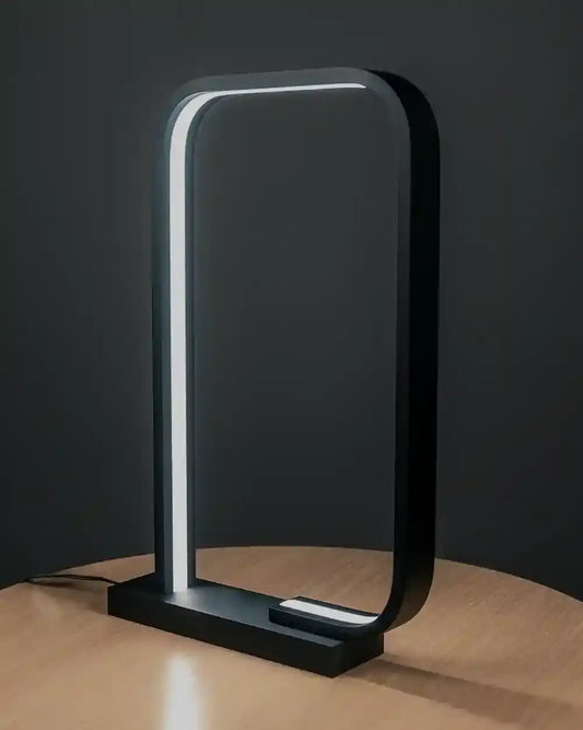 Lámpara de mesa moderna negra con luz LED, diseño minimalista, sobre mesa de madera, Birot MX