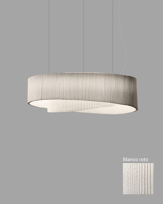Lámpara colgante circular blanca con acabado texturizado, diseño moderno, iluminación interior.