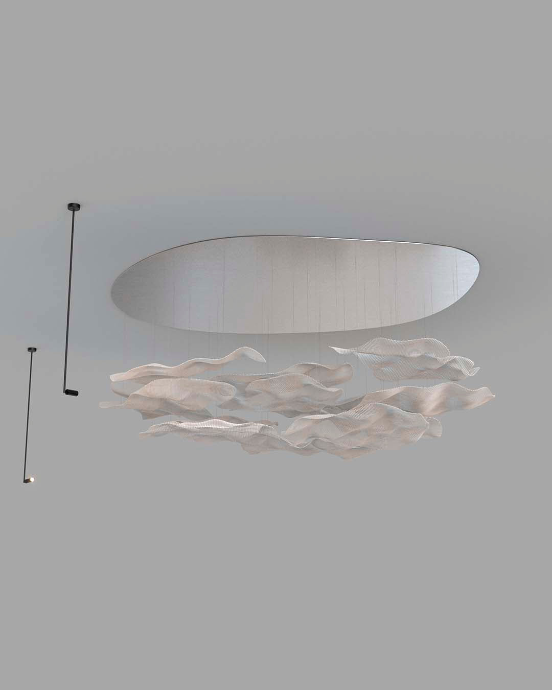 Lámpara de techo moderna con formas onduladas blancas en ambiente minimalista