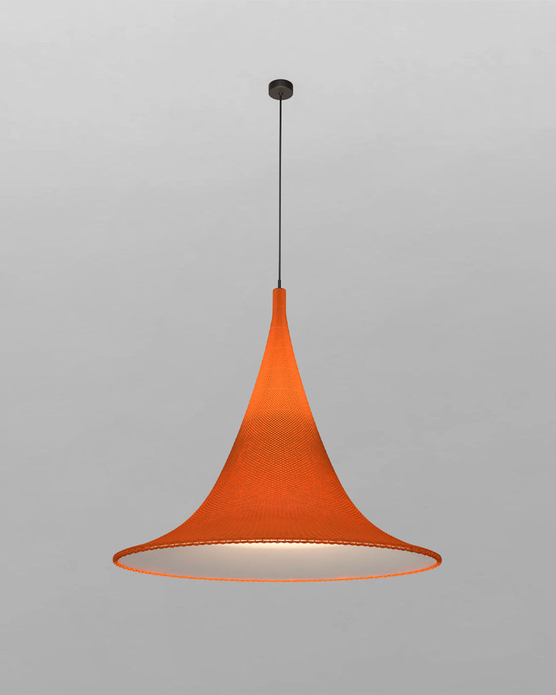 Lámpara colgante naranja de diseño moderno sobre fondo gris, iluminación Birot MX