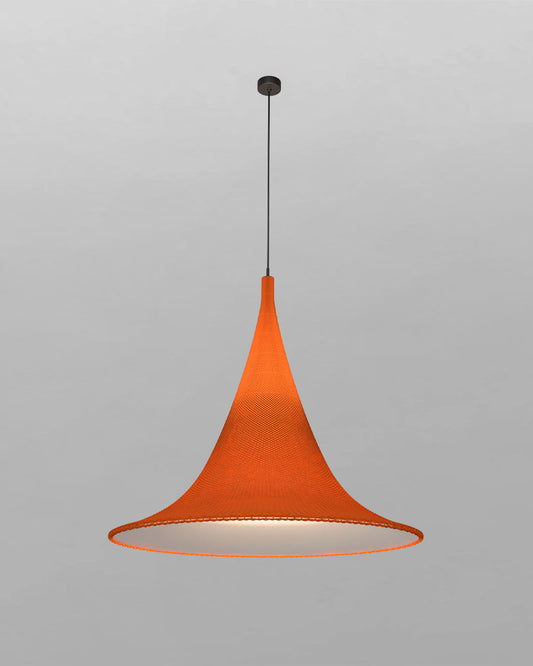 Lámpara colgante naranja de diseño moderno sobre fondo gris, iluminación Birot MX