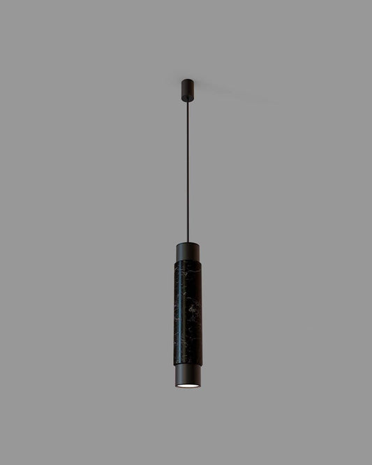 Vista frontal de lámpara colgante Cibo de 37 cm cilíndrica en mármol negro.