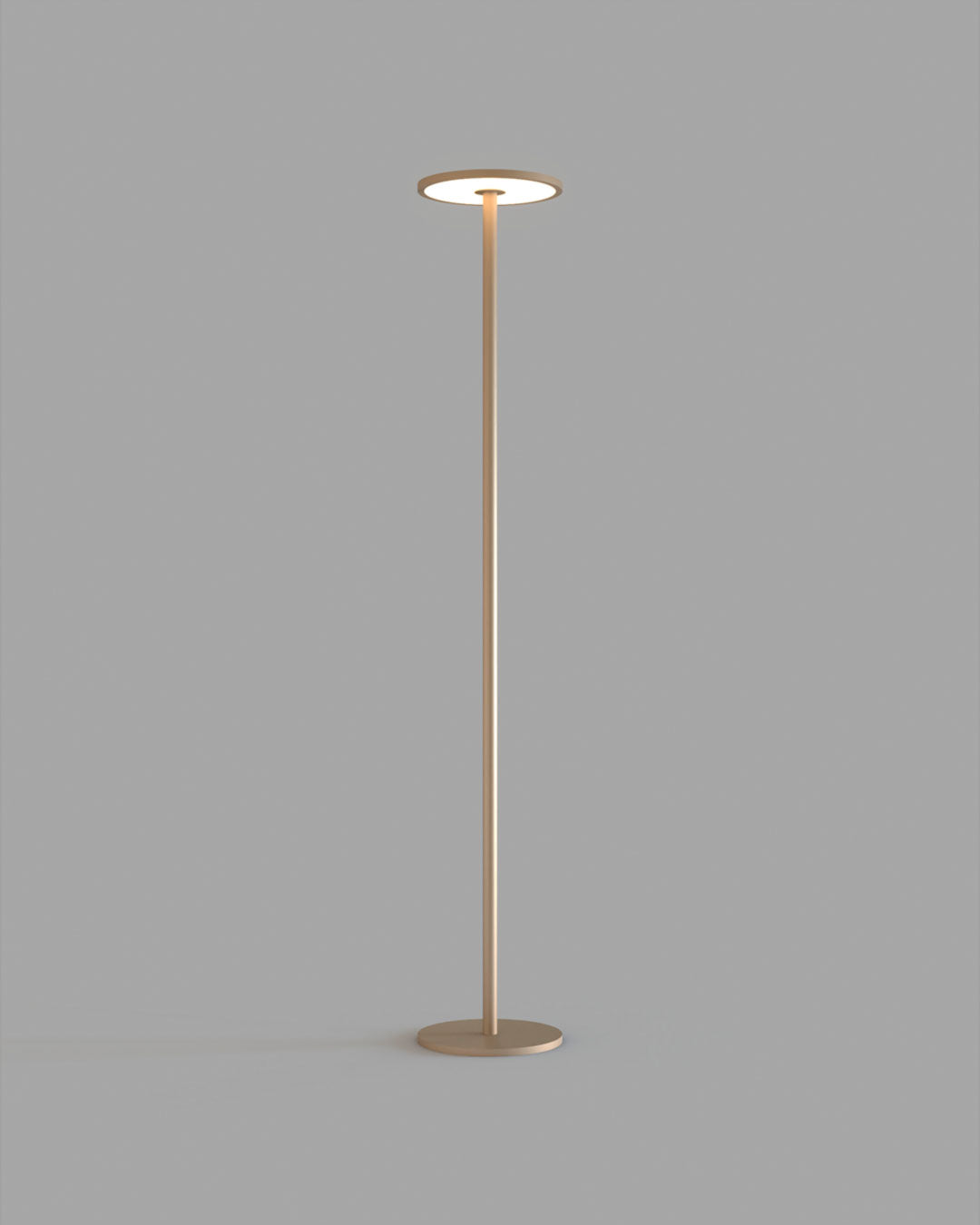 Lámpara de piso diseño contemporáneo Colum con difusor circular en acabado coffee silver encendida.
