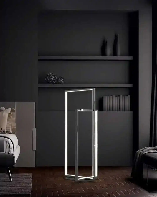 Lámpara de pie moderna LED geométrica en sala minimalista, luz decorativa de interior