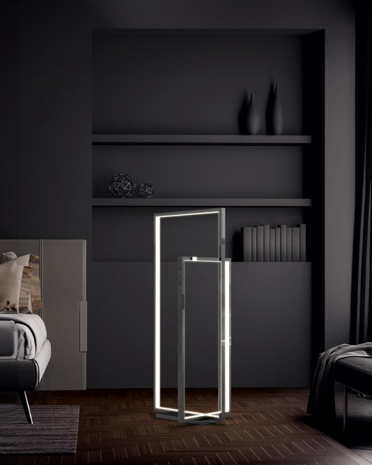 Lámpara de pie moderna LED geométrica en sala minimalista, luz decorativa de interior