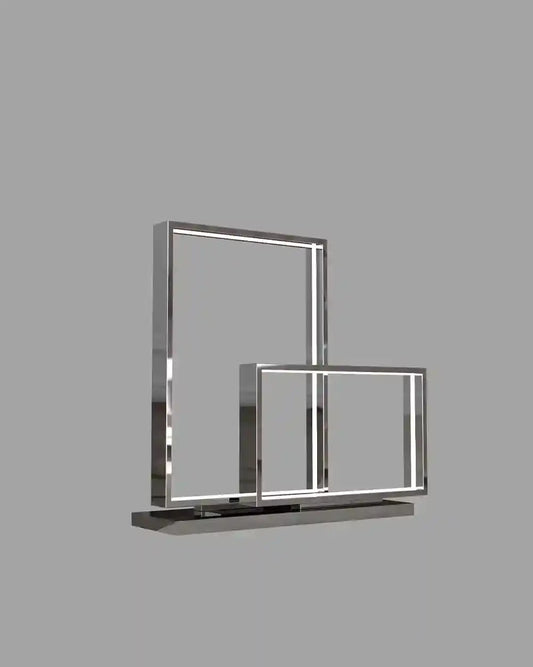 Lámpara de mesa moderna con marco rectangular metálico y luz LED, fondo gris.