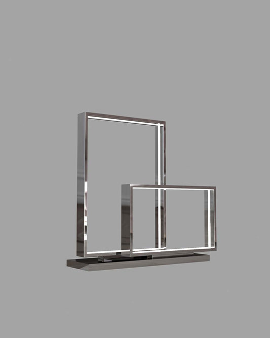 Lámpara de mesa moderna con marco rectangular metálico y luz LED, fondo gris.