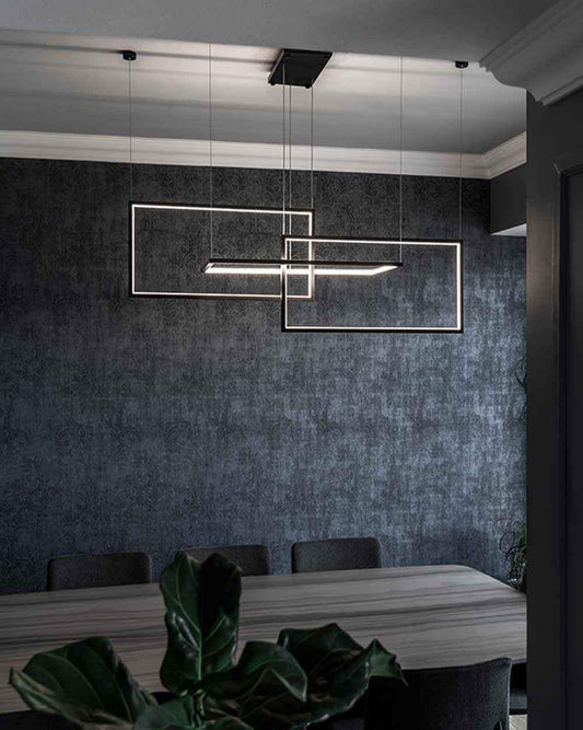 Lámpara colgante moderna rectangular en comedor elegante, boutique de iluminación Birot MX
