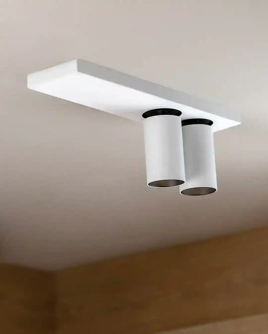 Luminaria de techo moderna blanca con dos focos cilíndricos instalada en interior