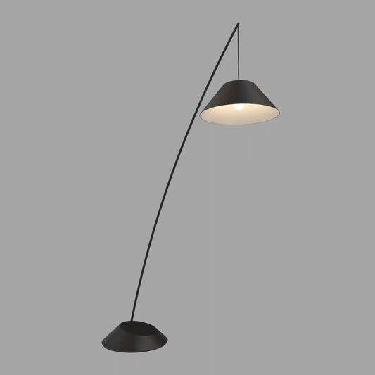 Lámpara de pie negra de diseño moderno sobre fondo gris, iluminación boutique Birot MX.