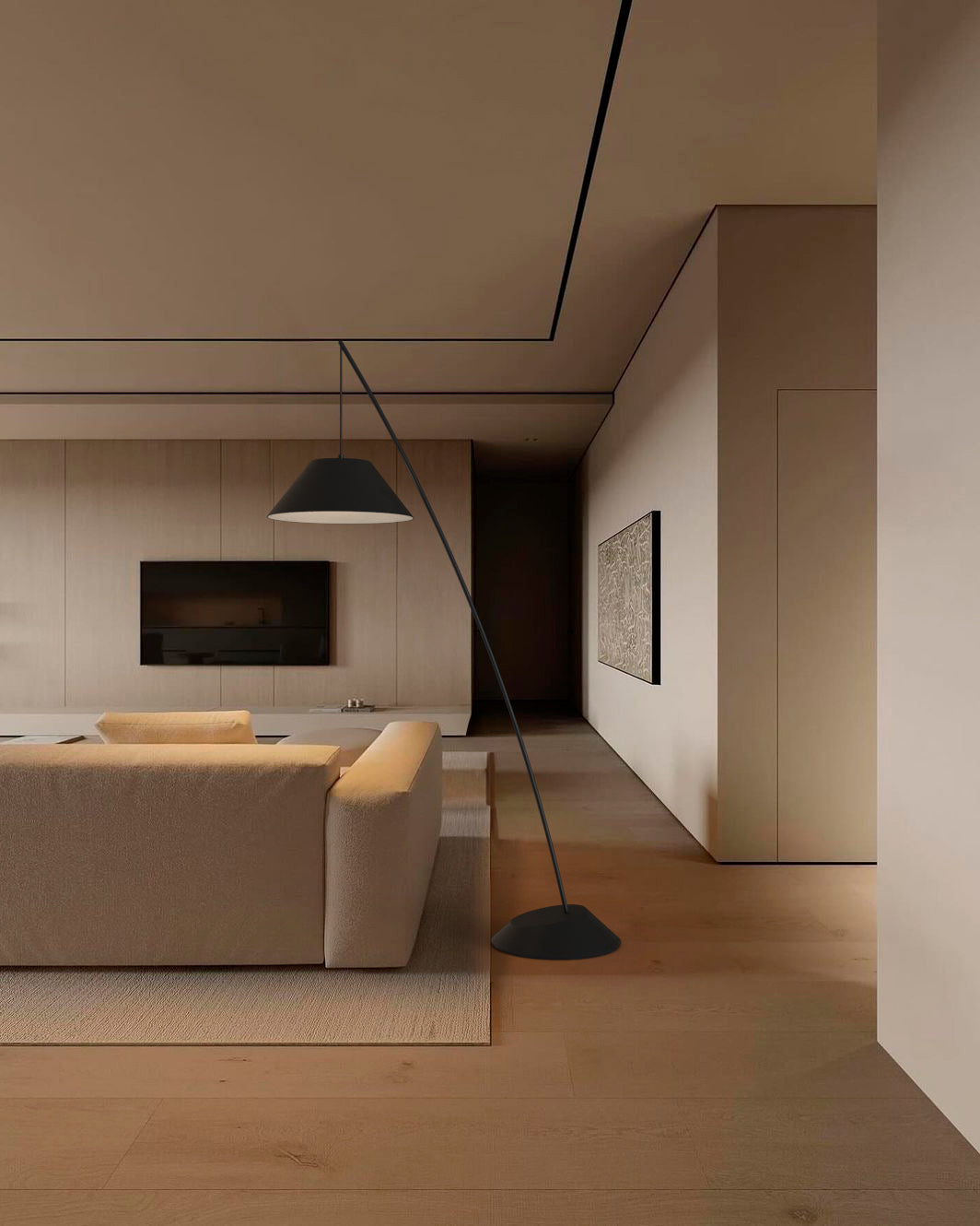Sala moderna minimalista con sofá beige y lámpara de pie negra, boutique de iluminación Birot MX