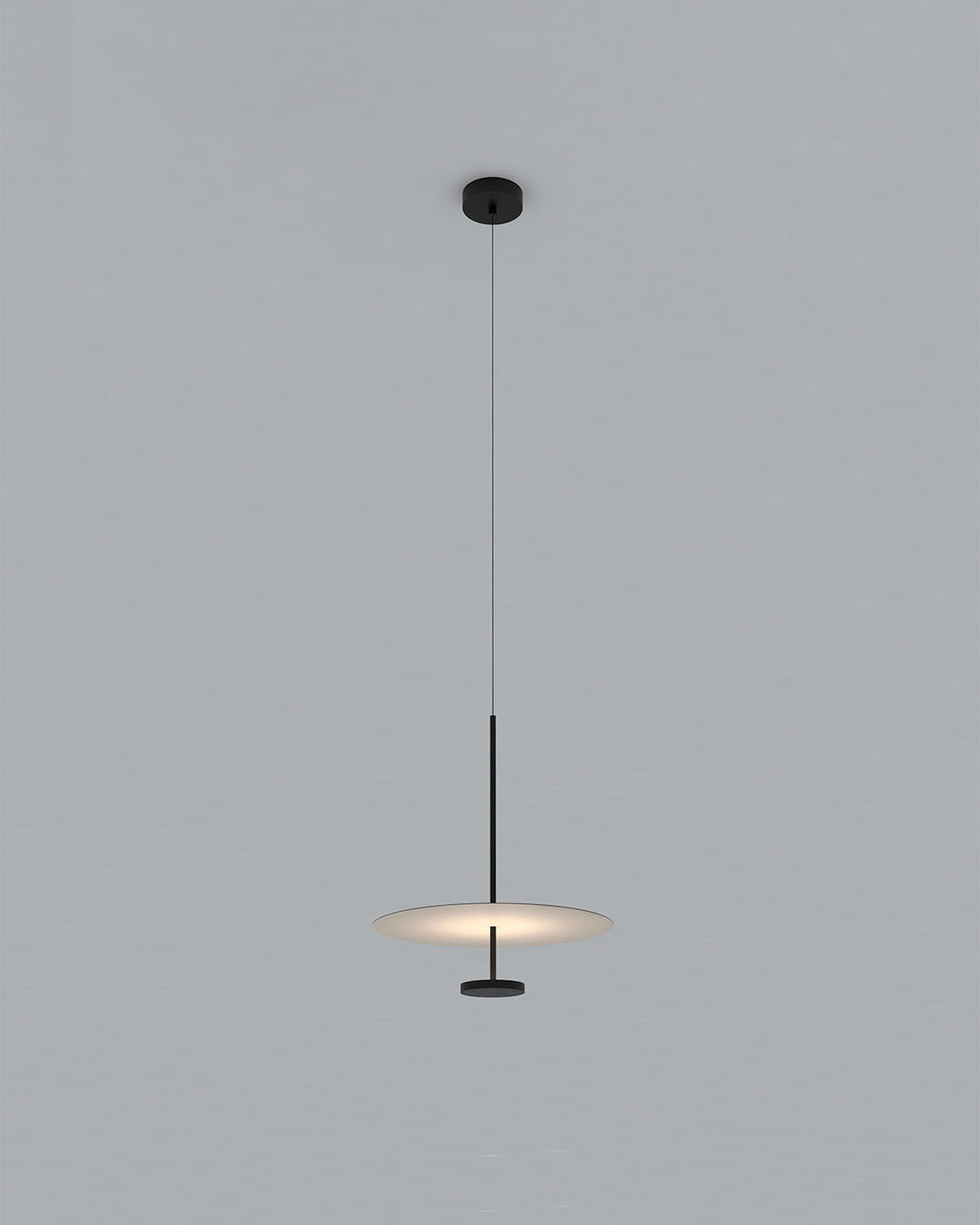 Lámpara colgante moderna negra encendida sobre fondo gris, boutique de iluminación Birot MX