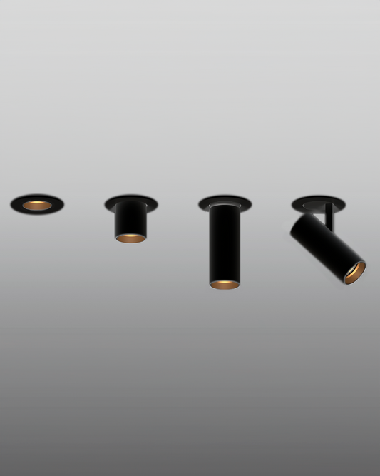 Lámpara empotrable negra ajustable tipo spot cilíndrico para techo, iluminación interior.
