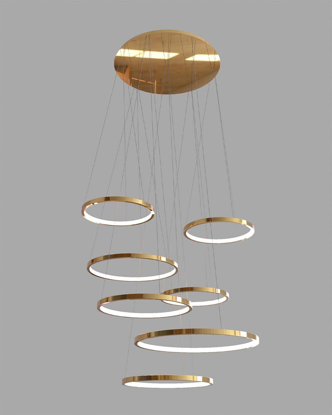 Lámpara colgante moderna de aros dorados suspendidos, diseño de iluminación decorativa
